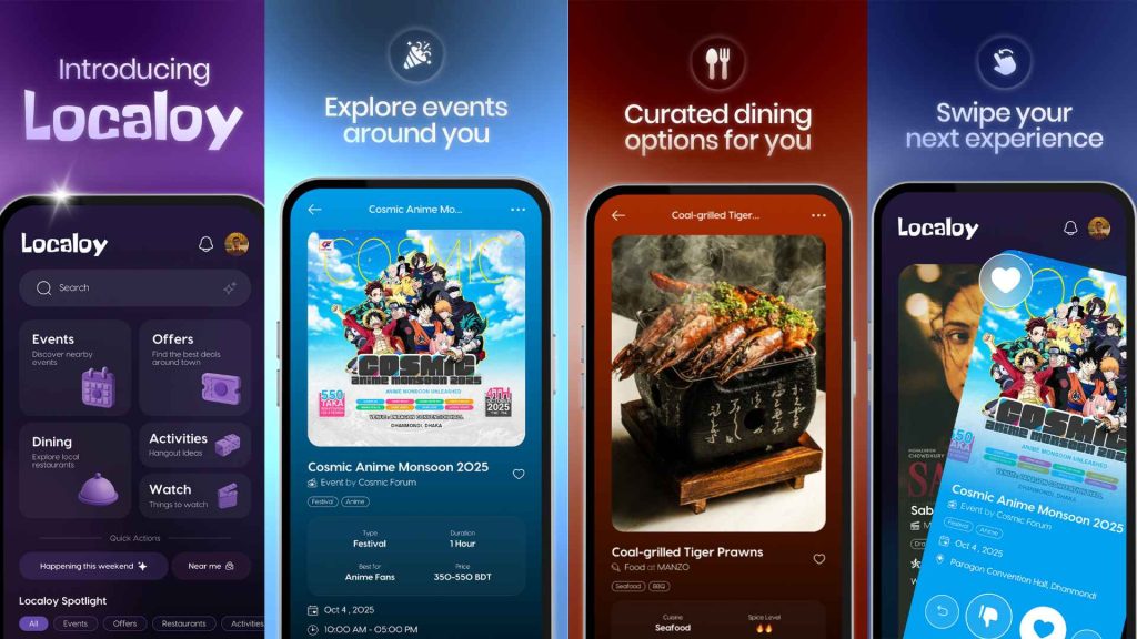 Localoy app interface showing real-time city discovery features for events dining and personalized AI recommendations in Dhaka