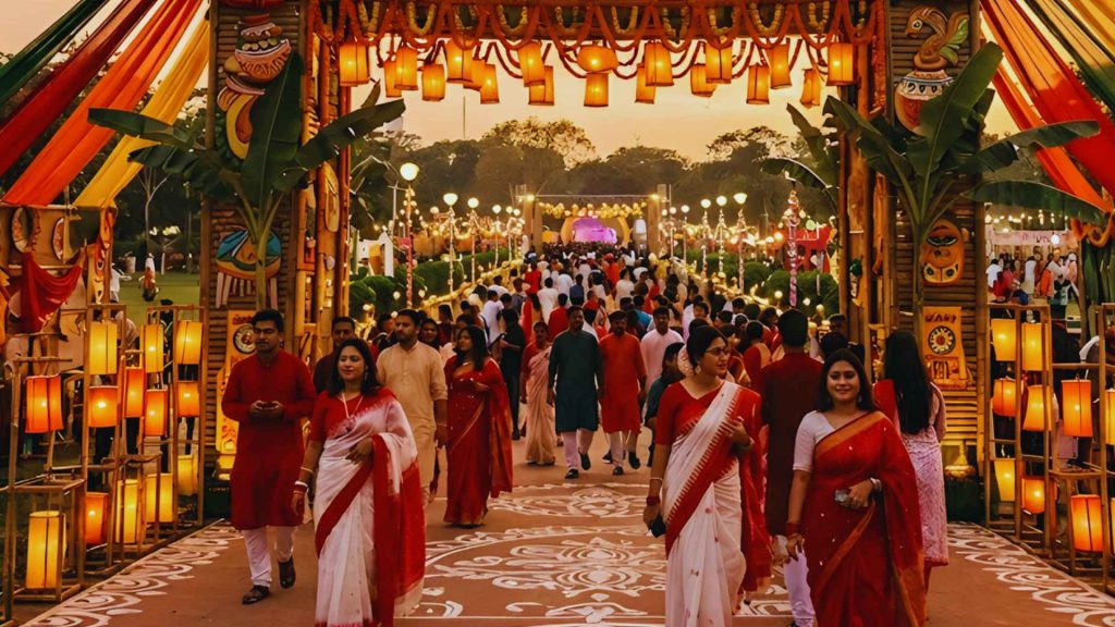 A crowd of people dressed in traditional red and white attire entering a decorated festival gate for Laal Boshakhi 1433.