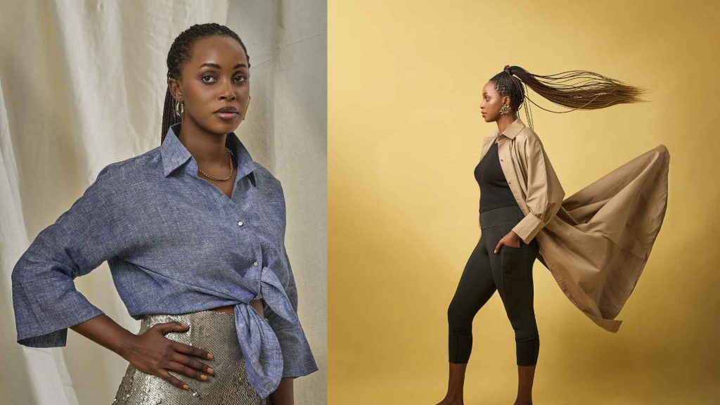 A dynamic shot of a tan trench coat and athleisure wear from Beige&co styled against a vibrant yellow background.