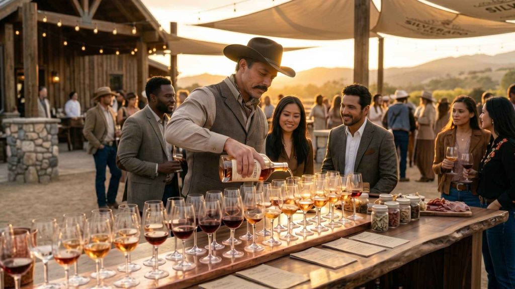 A selection of craft beer flights, red wine, and tropical cocktails on a rustic wooden table at the 2026 Kalahari Food & Wine Festival.