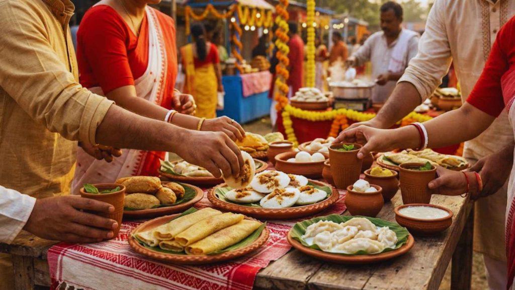A spread of traditional Bengali pithas and snacks served on a wooden table at the Laal Boshakhi 1433 food festival.