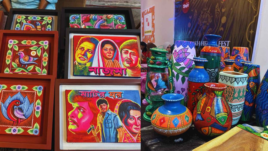 A close-up display of traditional hand-painted Bangladeshi folk art, pottery, and framed paintings showcased in the artisan mela at Arka Boishakh 1433.
