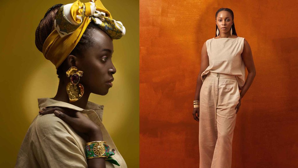 A model wearing a minimalist beige linen co-ord set and blue tied-up shirt from the Beige&co summer collection.