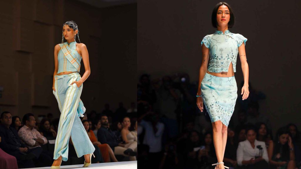 Contemporary light blue Jamdani and Pinot silhouettes by Asad Sattar Ami Dhaka Colombo Fashion Week representing the 'Birth in Blue' phase.