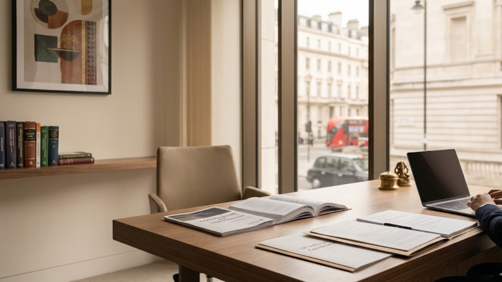 A lawyer's desk featuring documents on UK-India law coordination, highlighting the niche expertise ofLondon Law Firms for UK-South Asia