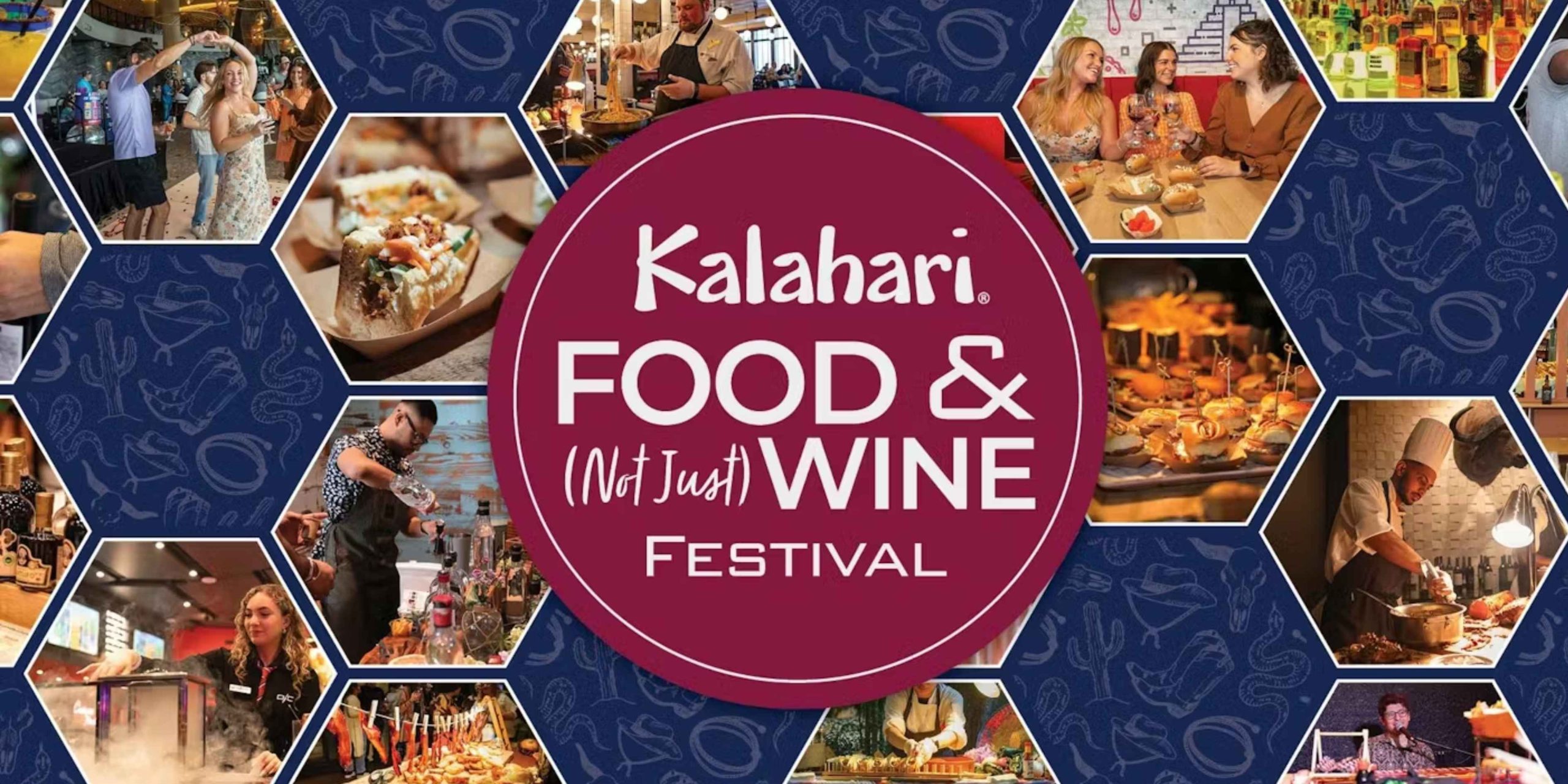 A vibrant collage of chefs, gourmet appetizers, and craft cocktails celebrating the 2026 Kalahari Food & Wine Festival.