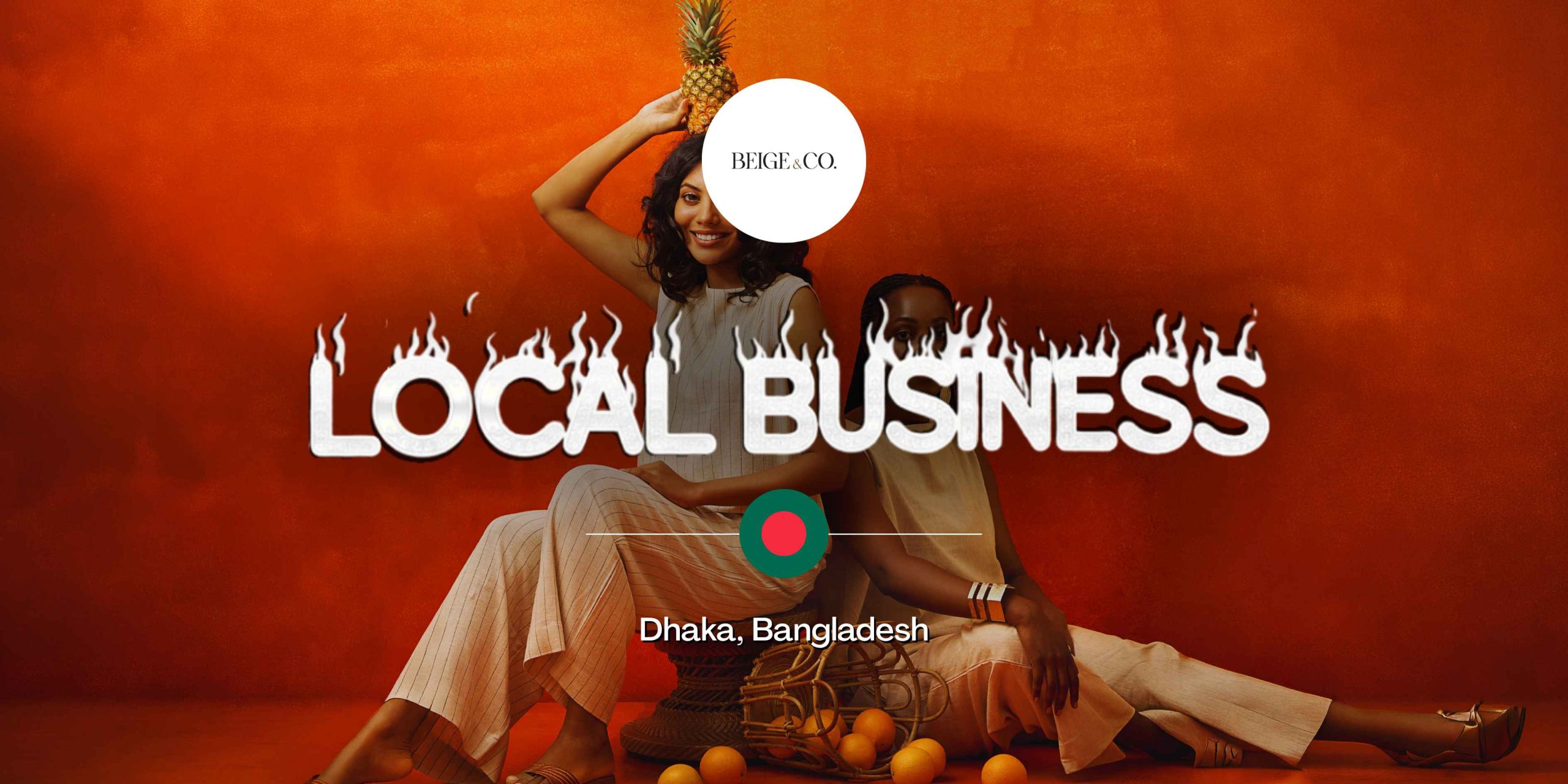 Beige&co local business feature banner showcasing ethical linen fashion sets and models in Dhaka, Bangladesh.