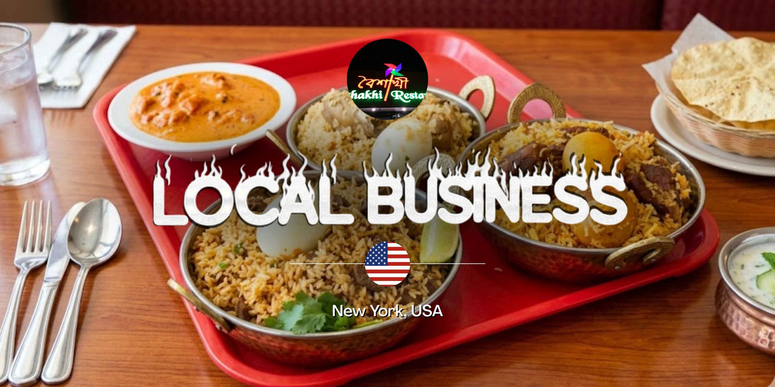 A traditional Bengali meal featuring Mutton Biryani and Chicken Curry at Boishakhi Astoria, a top-rated local business in New York.