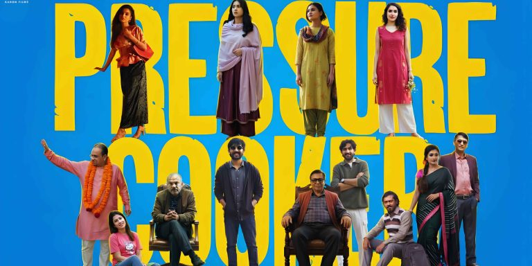 Official movie poster of the film Pressure Cooker featuring an ensemble cast against a vibrant blue and yellow background.