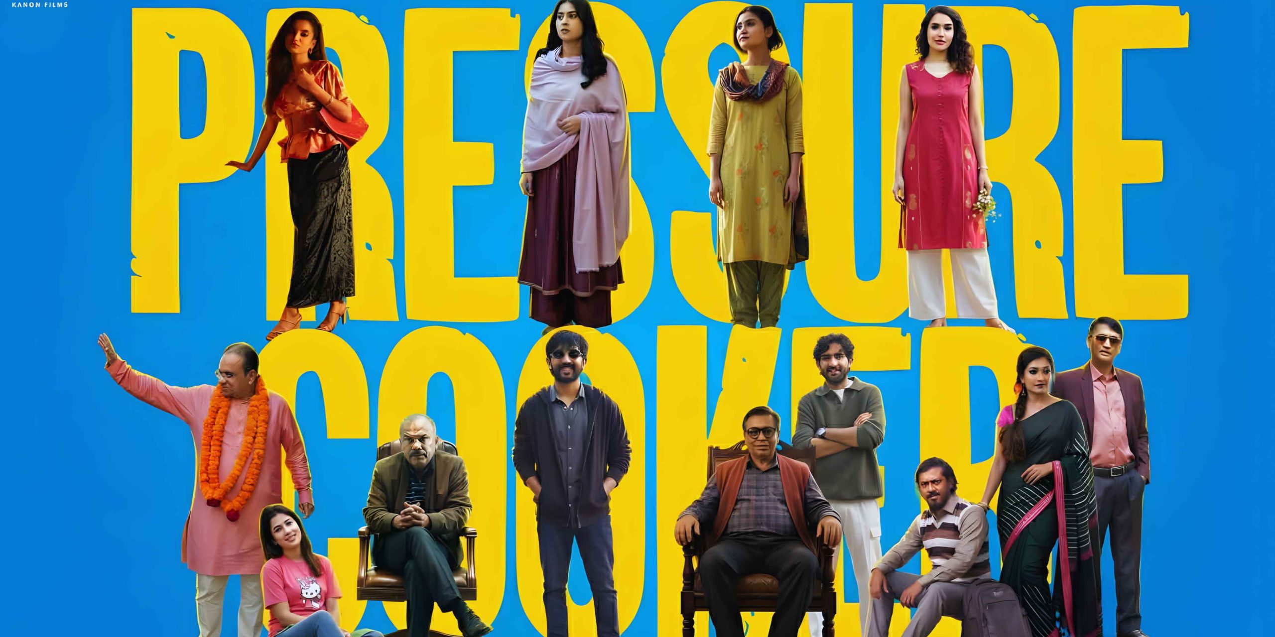 Official movie poster of the film Pressure Cooker featuring an ensemble cast against a vibrant blue and yellow background.