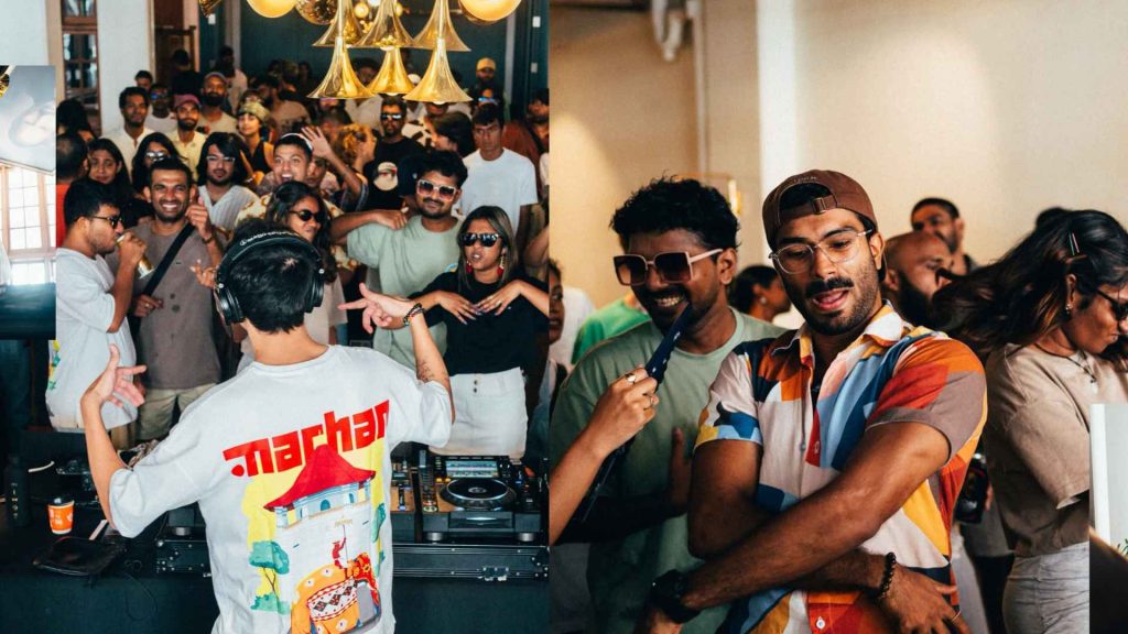 A vibrant crowd dancing and smiling at a daytime electronic music event hosted by Breakfast Club Dhaka RAFIKI, showcasing a DJ in a white Machan shirt performing live.