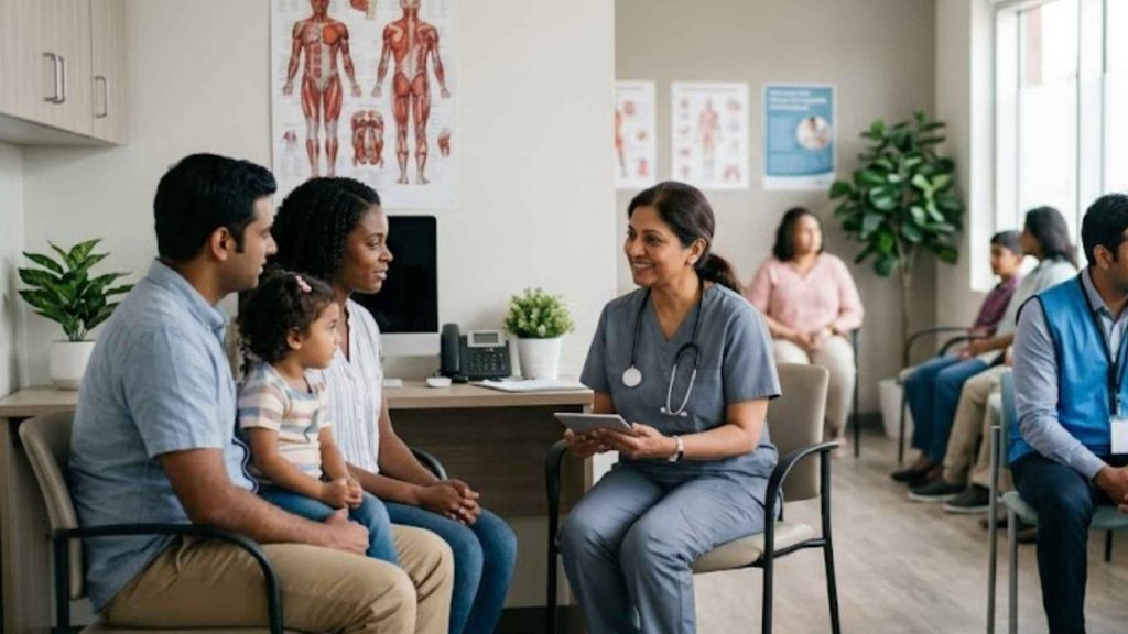 A healthcare provider consulting with a South Asian family at one of the South Asian health clinics Toronto Brampton, offering personalized medical advice.