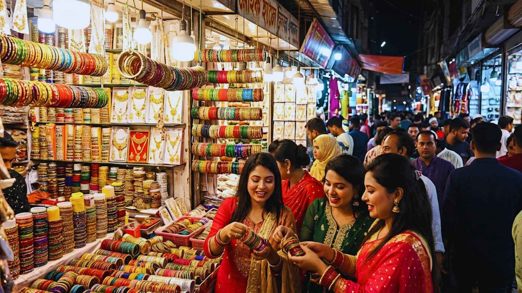 Customers browsing illuminated clothing store displays showcasing traditional sarees during Eid ul Adha shopping in Dhaka..