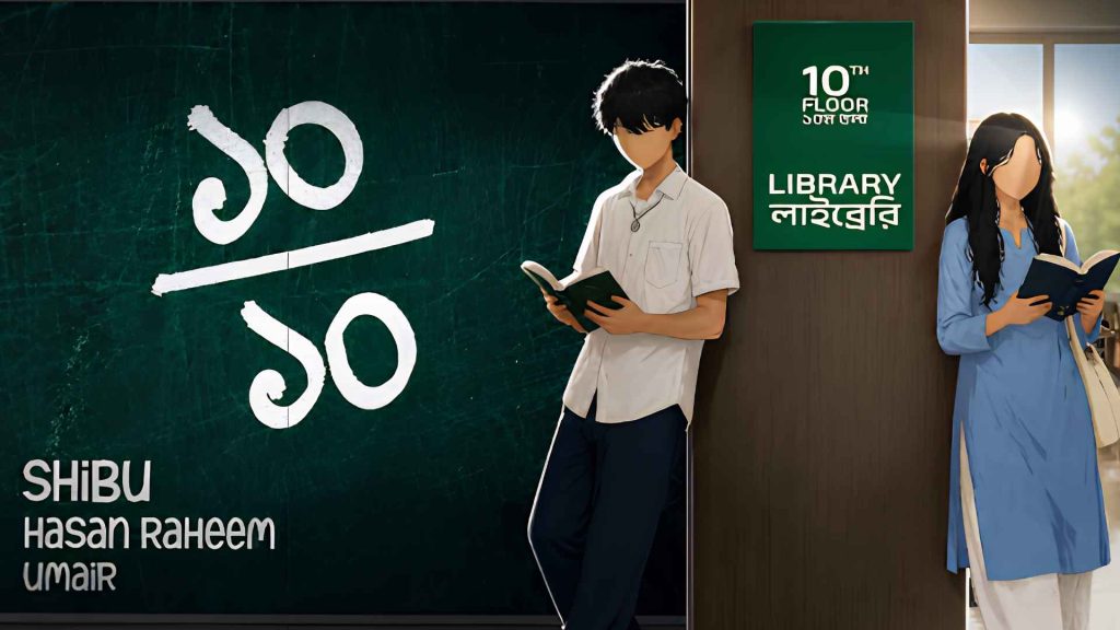 Official illustrated cover art for the song 10 E 10 showing a library setting with the Bengali text for ten out of ten on a chalkboard.