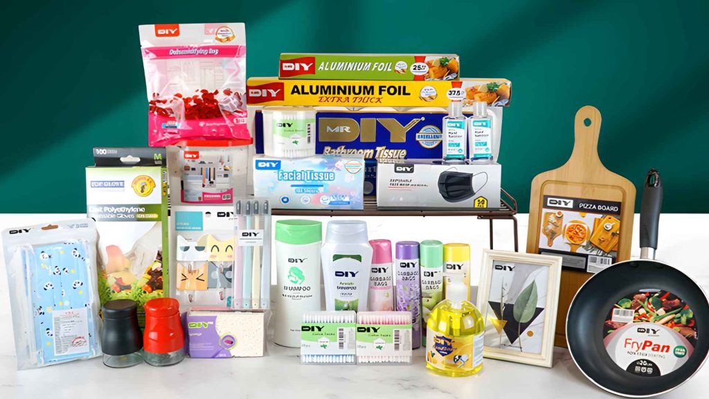 A diverse selection of lifestyle products, power tools, and stationery items from MR.DIY Dhaka.