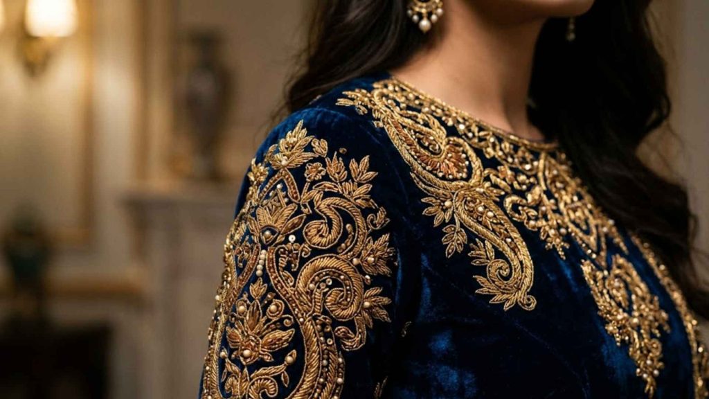 A high-fashion close-up of a woman wearing a navy blue velvet dress featuring intricate gold patterns of Zardozi in luxury couture.