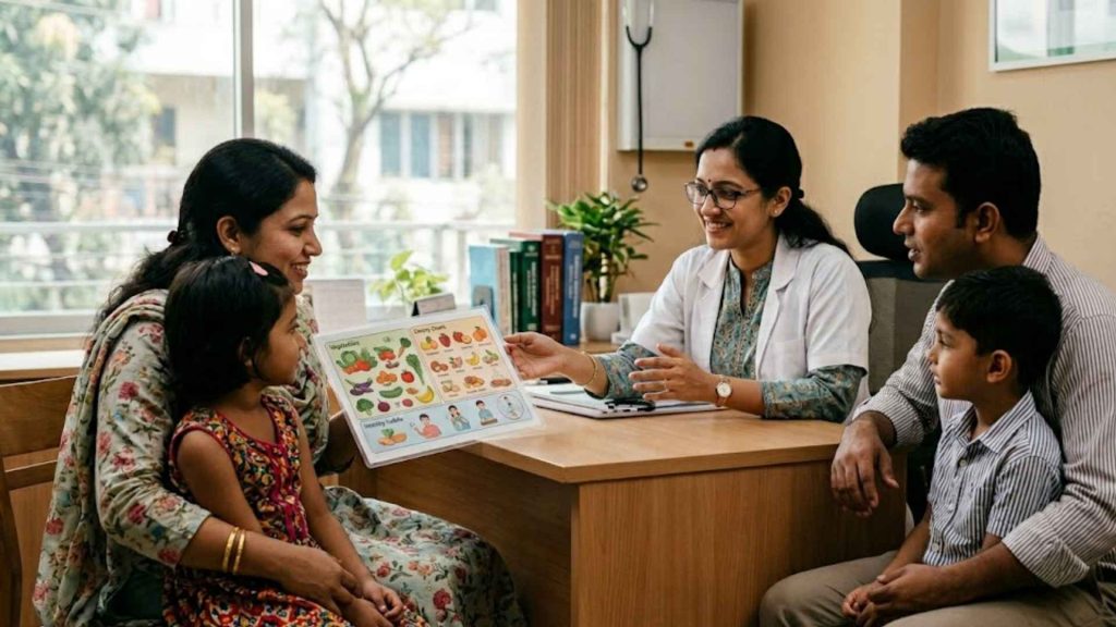 A female doctor explaining a nutritional food chart to a young family at South Asian health clinics Toronto Brampton to prevent and manage diabetes.