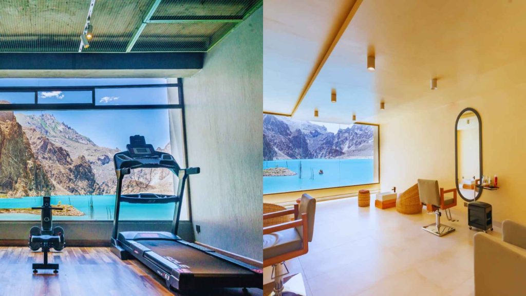 Split view of the luxury fitness center and salon at Luxus Hunza showing panoramic views of the mountains and lake through floor-to-ceiling windows.