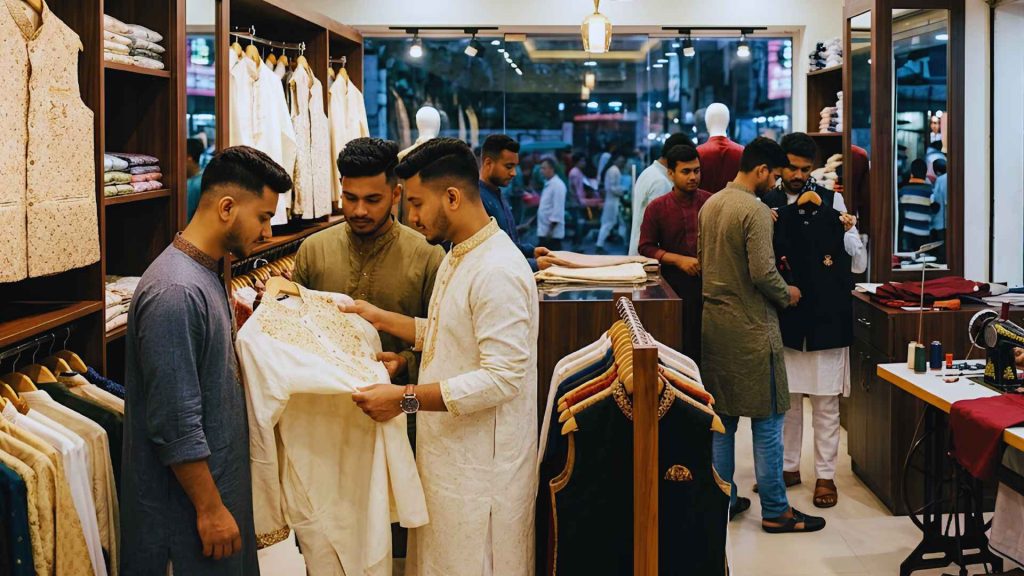 Group of young men choosing premium embroidered traditional Panjabis and ethnic wear inside a boutique clothing store for Eid ul Adha shopping in Dhak