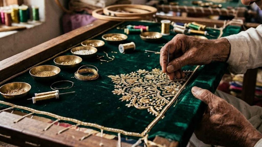 Close-up of an artisan’s hands meticulously stitching gold wire and beads onto green velvet, showcasing the skill of Zardozi in luxury couture.