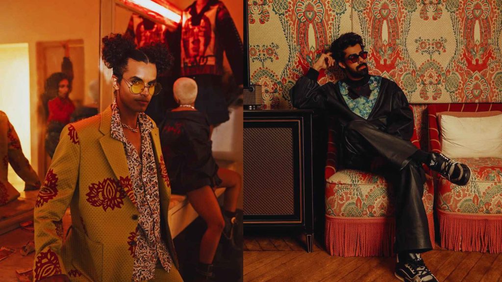 Split image featuring a model in a yellow Rastah floral suit and a model in a black leather jacket with intricate embroidery sitting on vintage furniture.