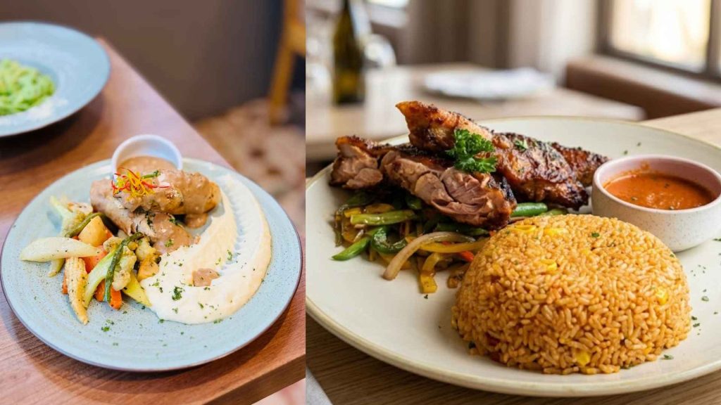 Dual-view image showing two distinct chicken main courses at Zen Café: Chicken with mashed potatoes and vegetables next to Mexican chicken with seasoned rice and sauce. Options from the Best Café in Dhanmondi.