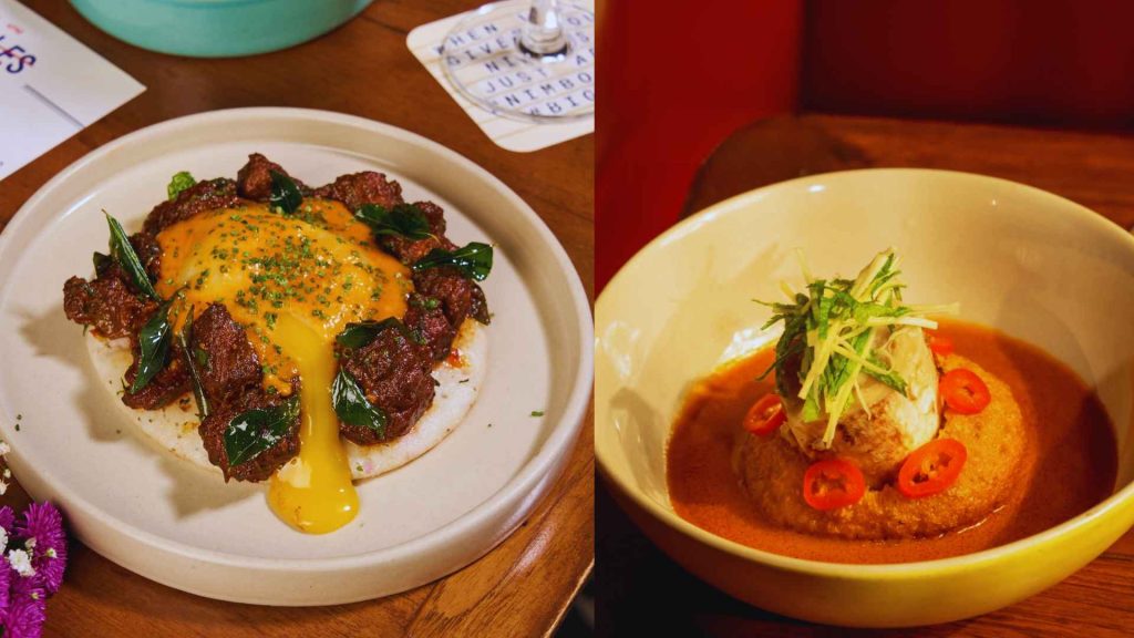Close-up of gourmet Indian fusion dishes, including a slow-cooked meat specialty and a refined seafood entrée at The Bombay Canteen.
