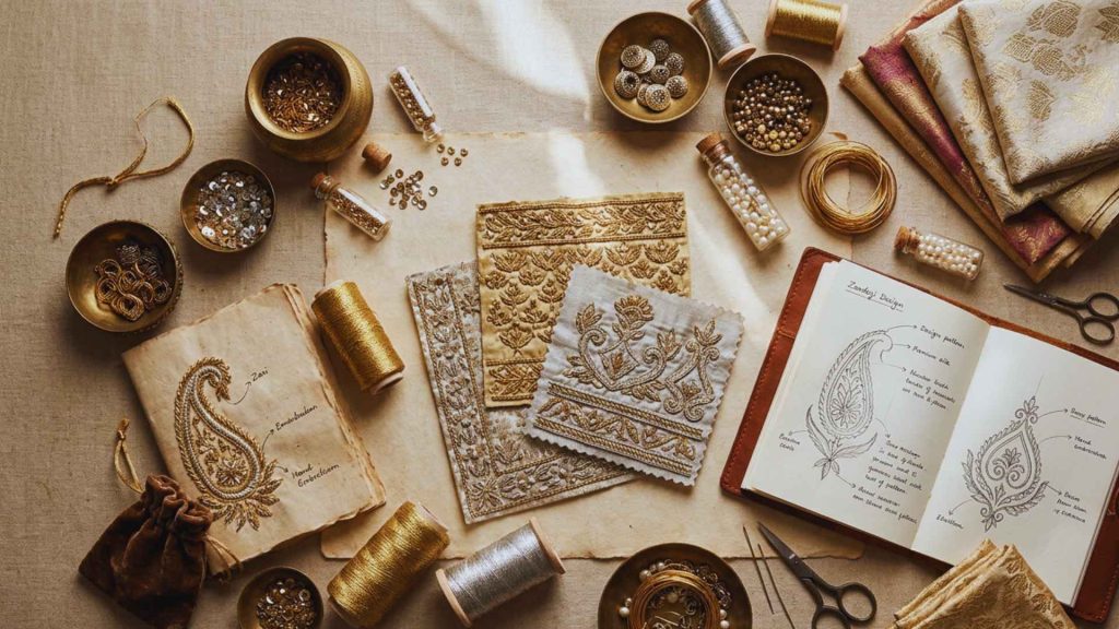 A flat lay of embroidery tools, metallic zari threads, and hand-drawn sketches illustrating the process of Zardozi in luxury couture.