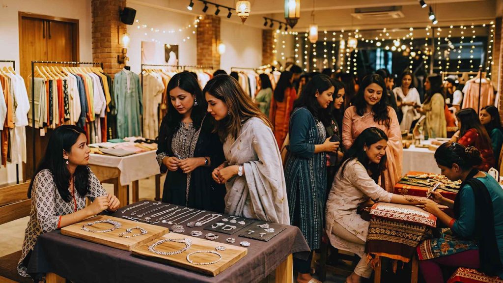 Visitors browsing handcrafted silver jewelry and getting intricate henna art at a festive indoor lifestyle exhibition for Eid ul Adha shopping in Dhaka.