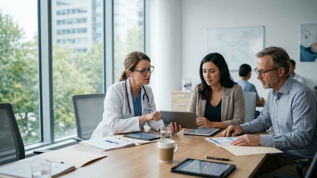 A diverse team of medical specialists reviewing patient data on a tablet at South Asian health clinics Toronto Brampton to provide integrated care for heart disease.