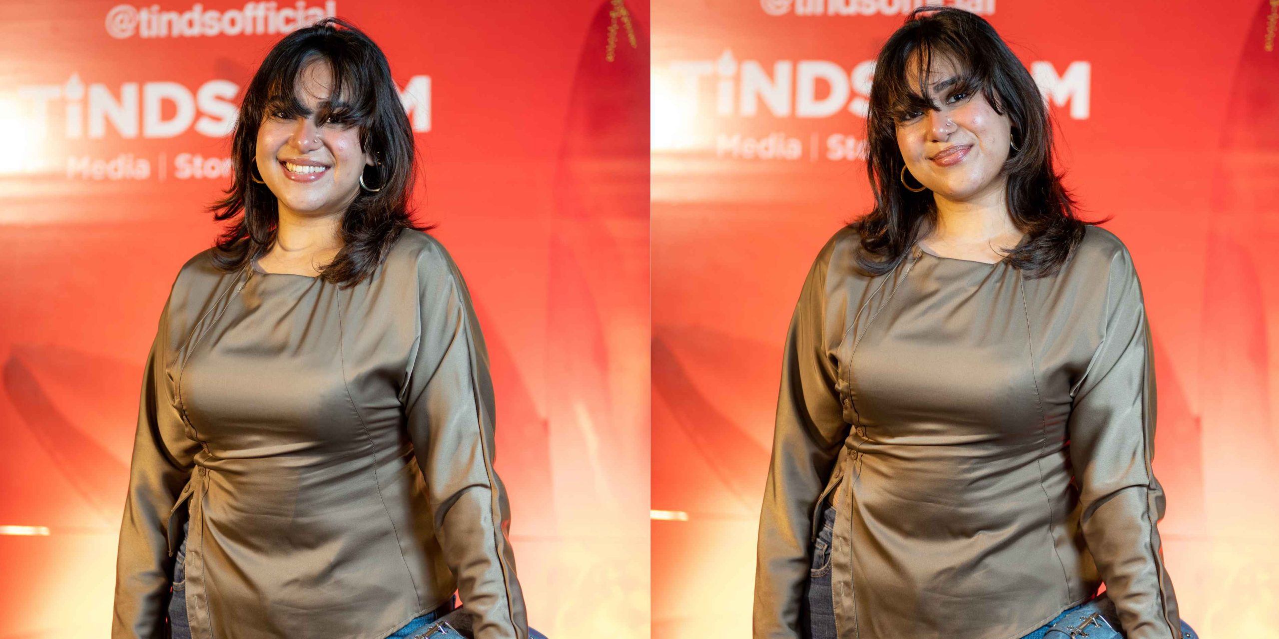 Amrin Tasnim Jaima at TINDS Social Dhaka smiling warmly in a bronze satin top against a vibrant red brand backdrop during a media event.