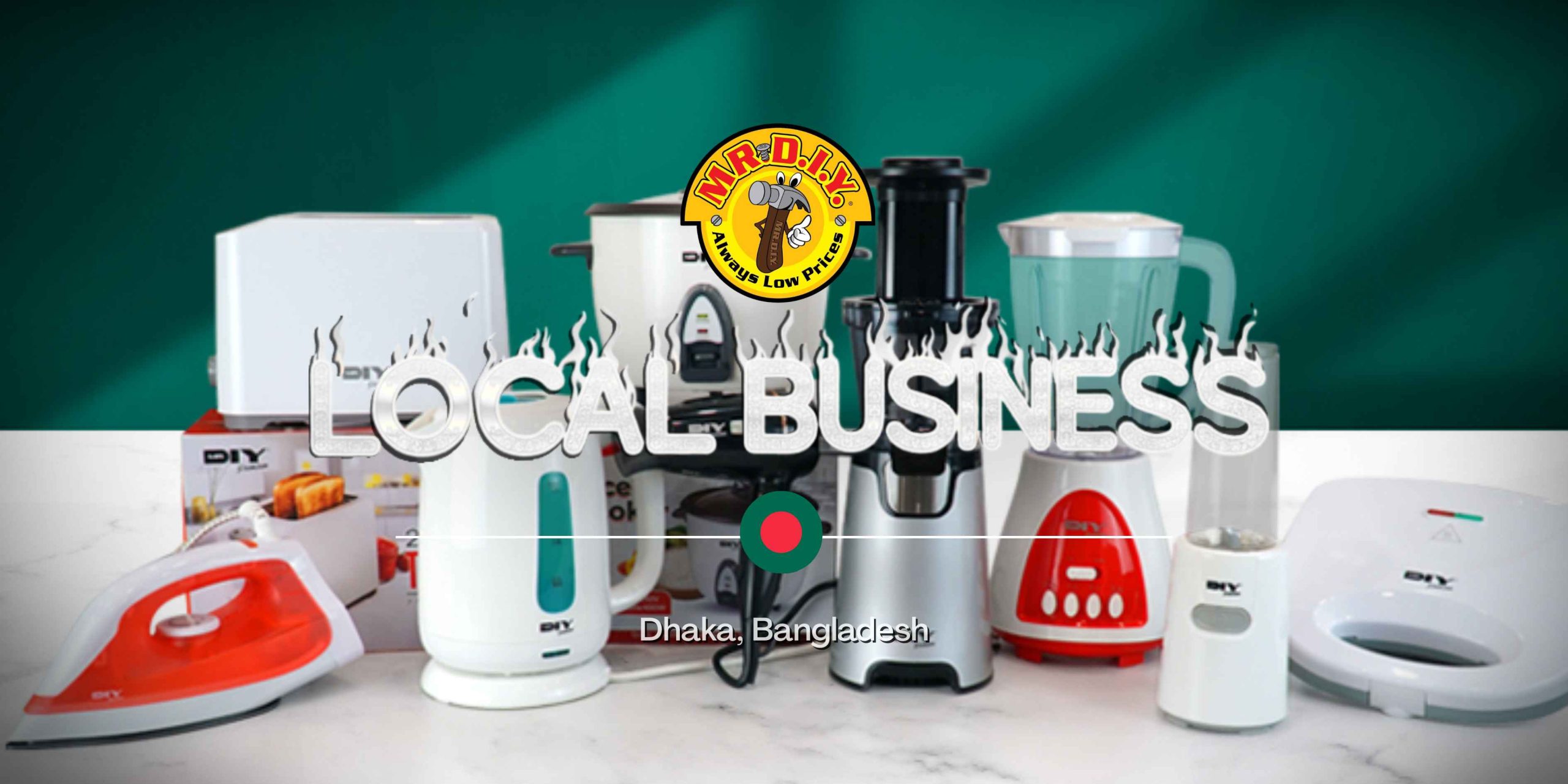A collection of home and kitchen appliances including a juicer, toaster, and kettle representing MR.DIY Dhaka local business.