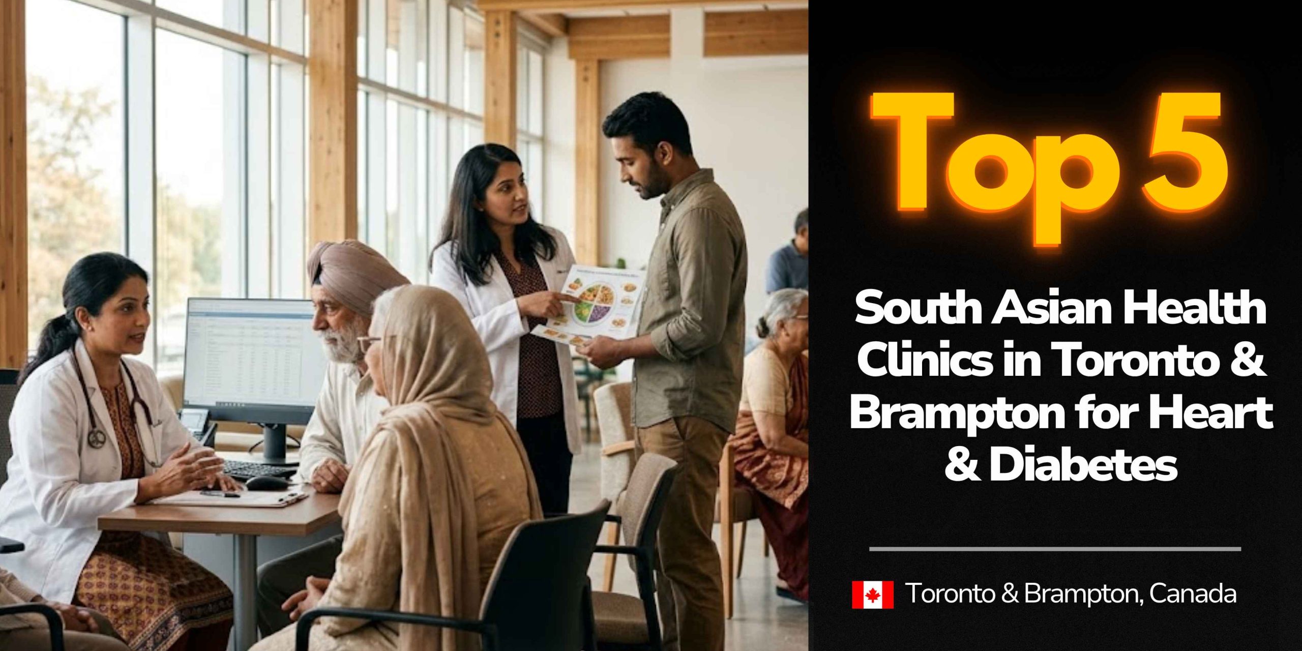 Featured banner showing medical professionals and patients at one of the top South Asian health clinics Toronto Brampton for heart and diabetes care.