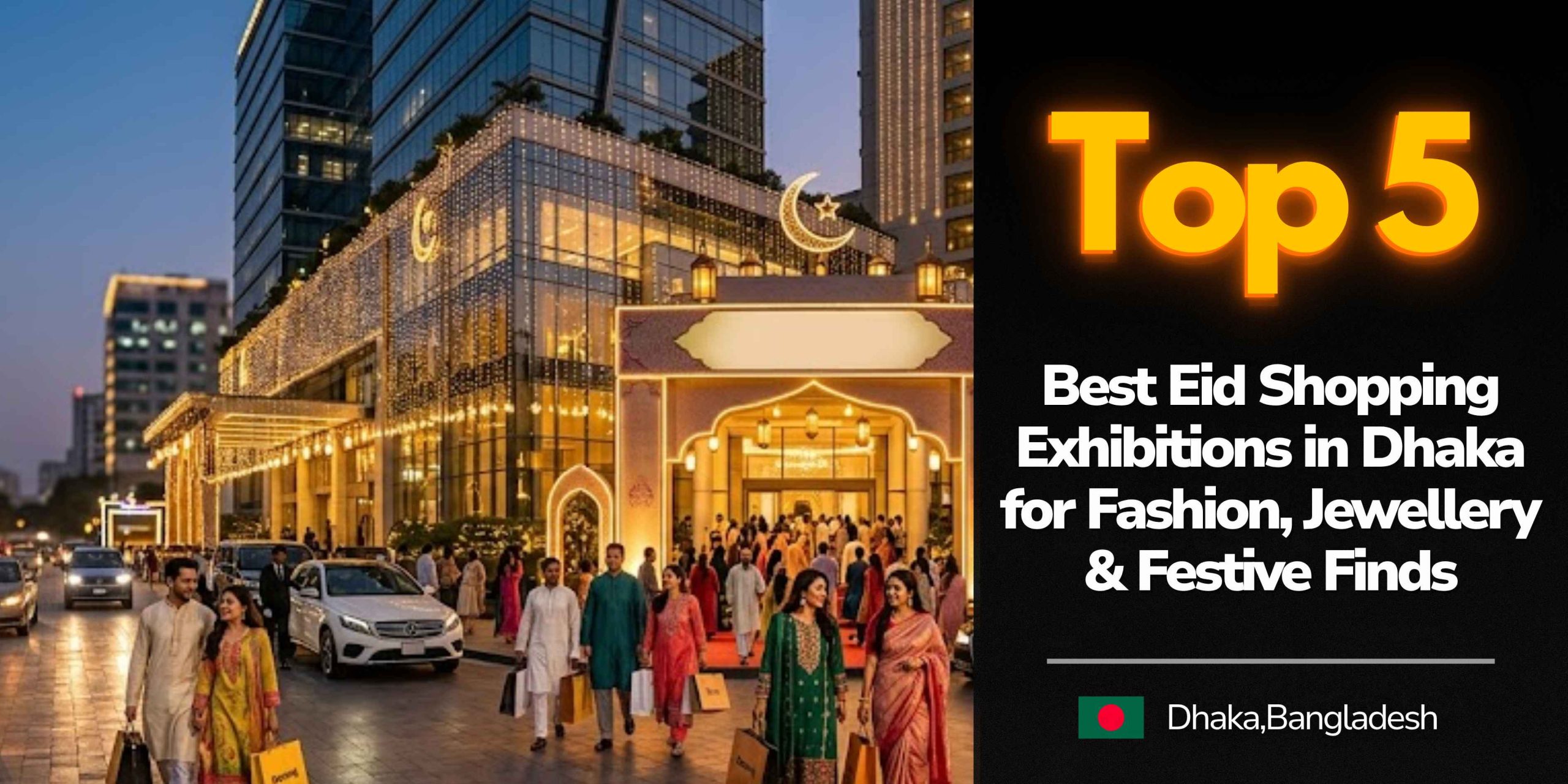 A listicle feature banner showing a grandly illuminated luxury venue at dusk with well-dressed crowds carrying shopping bags, highlighting the top exhibition spots for Eid ul Adha shopping in Dhaka.